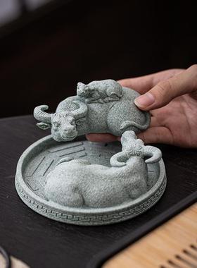 青砂石扭转乾牛茶宠双牛镇纸动物桌面装饰盆景鱼缸造景工艺品摆件