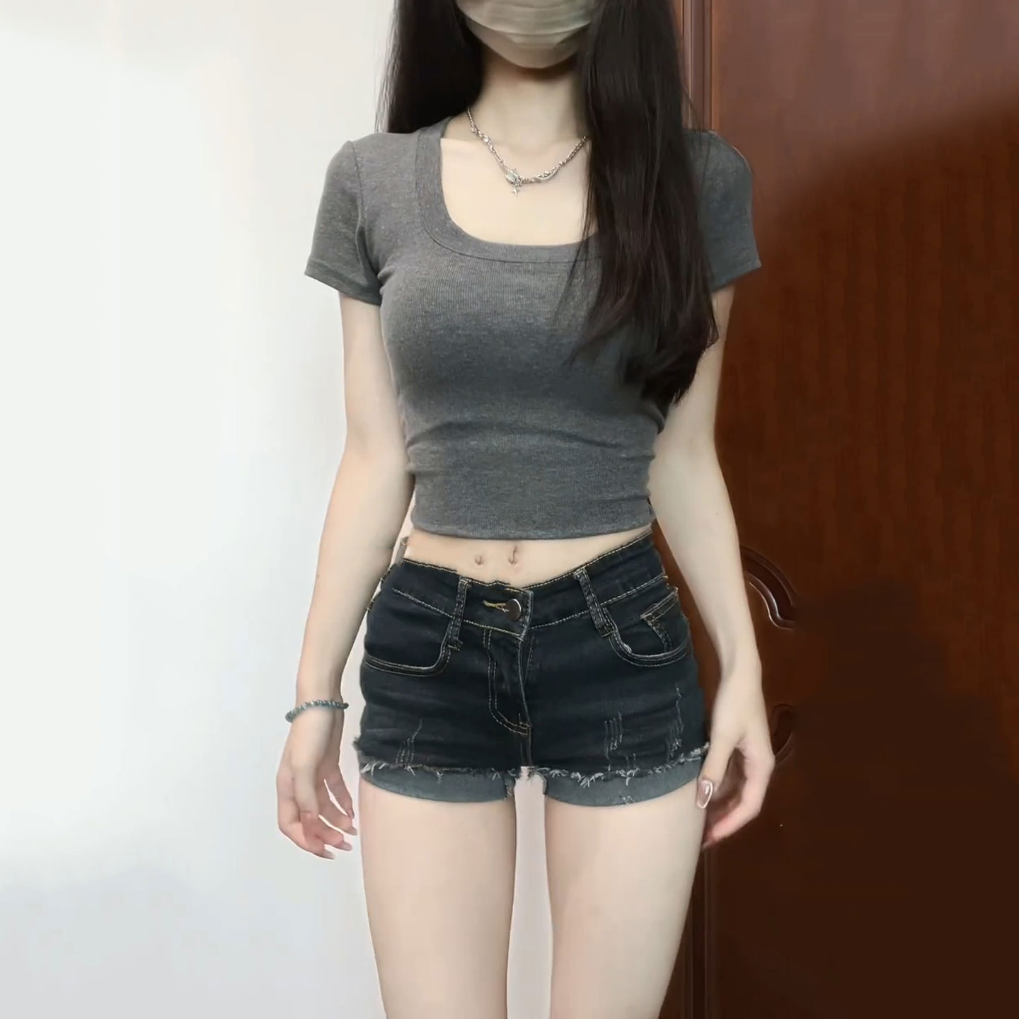 设计感小众纯棉正肩方领短袖t恤女夏季大U领口修身显瘦短款上衣服 - 图1