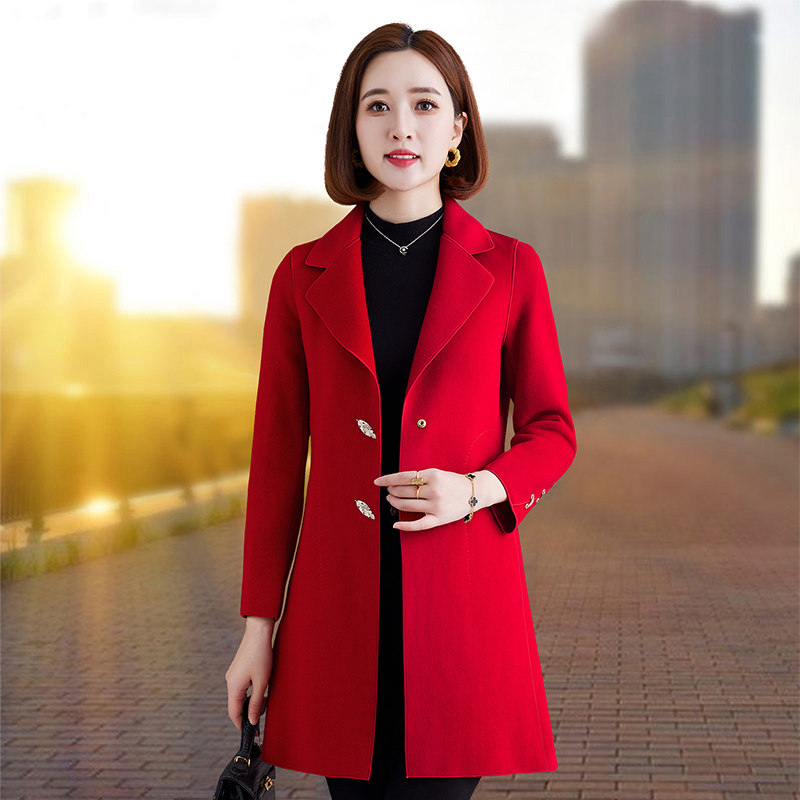 高端双面羊绒毛呢外套女冬2025新款气质妈妈装中长款外套红色大衣,淘宝优惠券,粉丝福利购,淘宝优惠卷