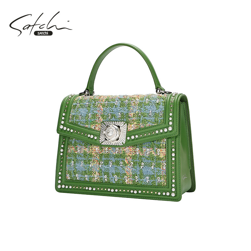 SATCHI/沙驰【莫娜系列】毛呢通勤手提包女复古高级感单肩斜挎包,淘宝优惠券,粉丝福利购,淘宝优惠卷