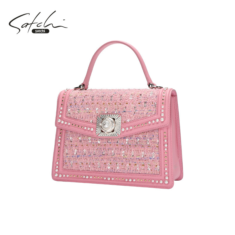 SATCHI/沙驰【莫娜系列】毛呢通勤手提包女复古高级感单肩斜挎包,淘宝优惠券,粉丝福利购,淘宝优惠卷