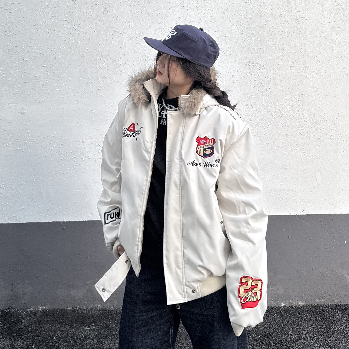 cemoliqi美式复古刺绣徽章座山雕棉衣男冬季加厚保暖飞行夹克棉服