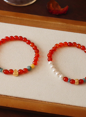 新款切割面天然红玛瑙贝珠貔貅手链手饰复古中国风饰品