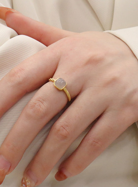 新中式天然和田玉戒指烟紫灰戒方形玉石指环国风小方糖纯银戒指