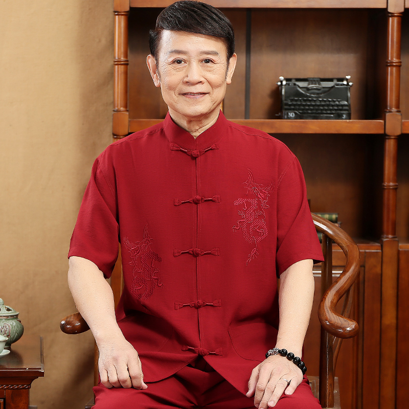 瑞杰夫旗舰店中国风唐装男短袖棉亚麻套装中老年人刺绣居士服中式汉服爸爸夏装2