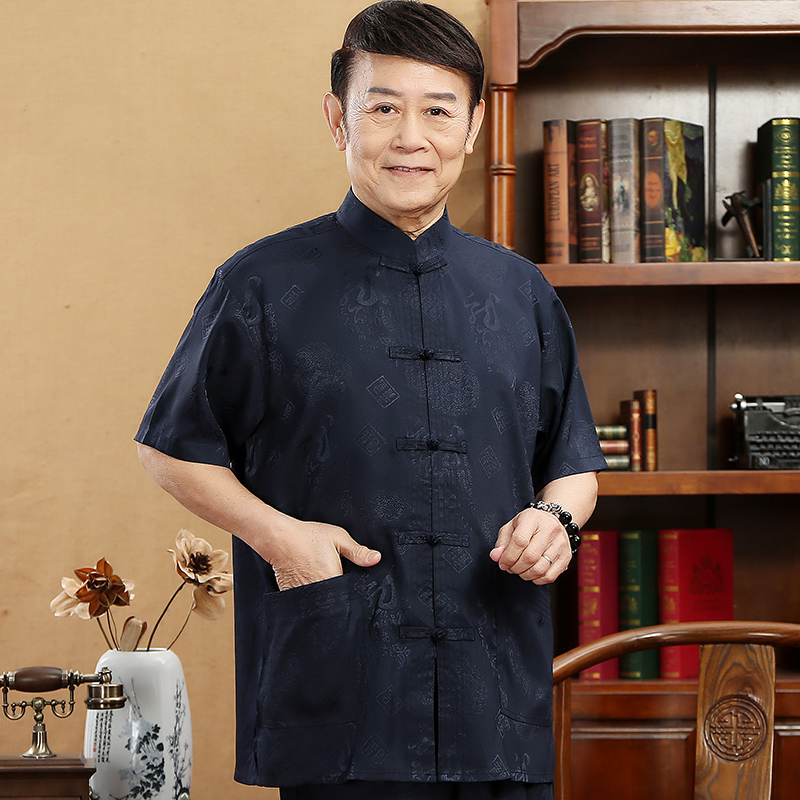 夏季丝质唐装男短袖套装中国风中式盘扣爸爸装中老年人立领太极服-图0