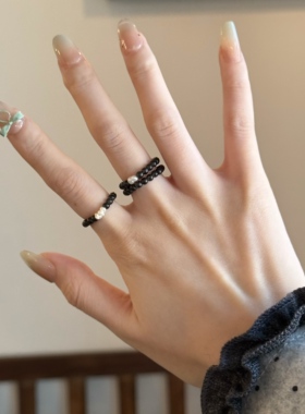 天然黑曜石珍珠串珠弹力戒指指环