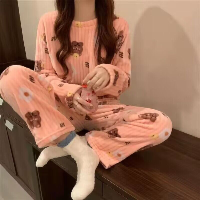 单/两件套睡衣女款秋冬季2023新款珊瑚绒女装可爱家居服暖暖套装