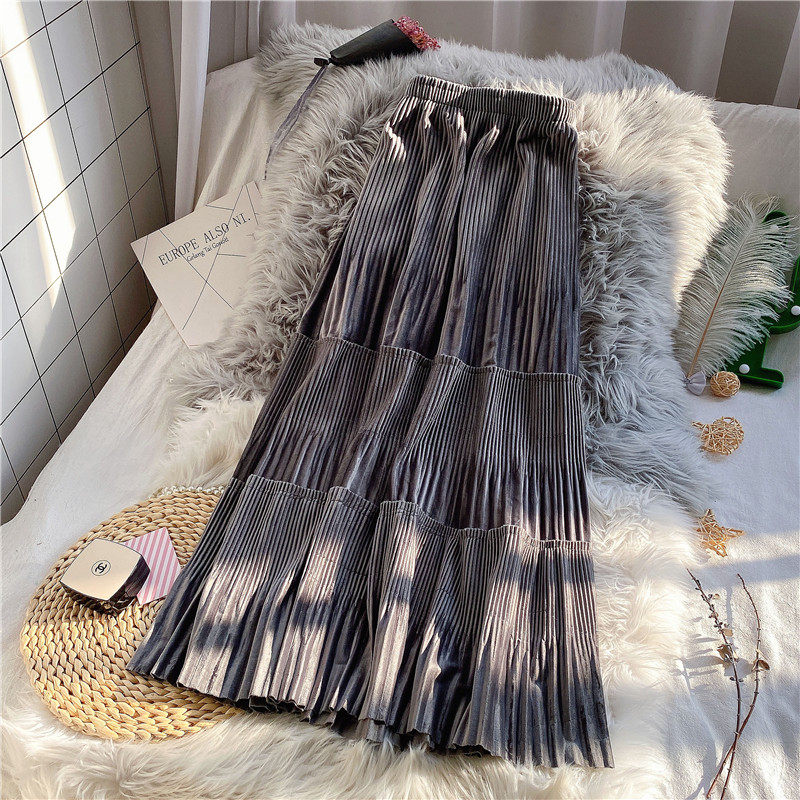 2020秋冬新款百褶丝绒仙女裙半身裙 茵蔚半身裙