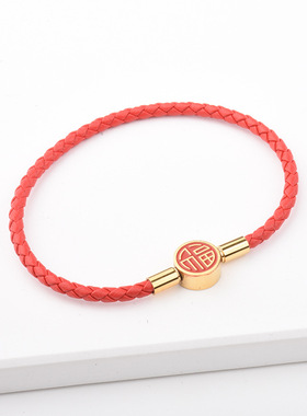 粗3毫钛钢红福扣红皮绳手链手绳