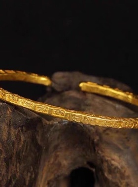 古法金色招财纳福吉言手镯女小众设计新中式宫铃开口镯子年轻款