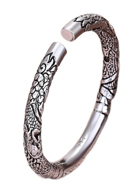 双龙抱柱霸气浮雕龙纹开口手镯复小众做旧合金电镀银色手镯男女同