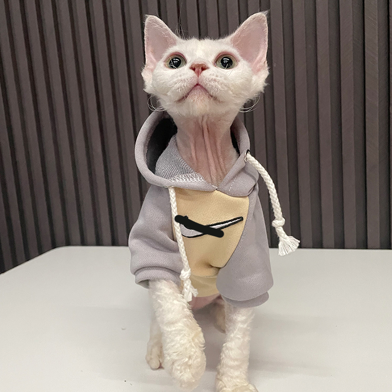 任发财无毛猫衣服斯芬克斯猫德文卷毛猫衣服纯棉连帽卫衣潮牌-图0