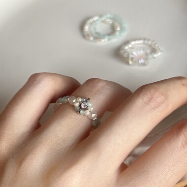 冰岛｜一加一shop原创手作串珠戒指蓝白色精致小众弹力戒指捷克珠