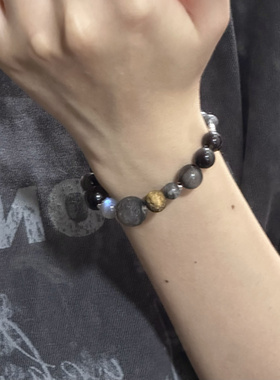 一加一shop原创星座星系手串男女同款弹力绳天然灰月光纯银银曜石