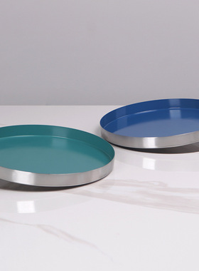 创意北欧轻奢彩色托盘斜圆形金属不锈钢茶盘家用客厅软装收纳摆件