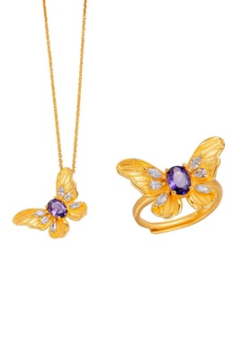 古法沙金点钻宝石拉丝梦幻蝴蝶吊坠戒指璀璨星河福蝶时尚女送礼物