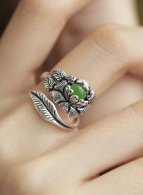 新中式国风莲花牡丹花新款指环女民族可调节个性开口戒指食指环