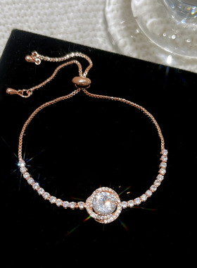 简约高级超闪圆圈锆石手链扭曲麻花圆形微镶锆石手绳抽拉绳手饰