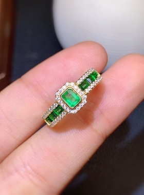 仿天然哥伦比亚祖母绿彩宝戒指女 奢华满钻排戒开口条戒