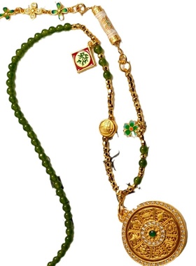新中式祖母绿圆珠吊牌可旋转项链多圈手链沙金配件如意手串项链女