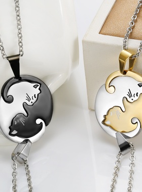 时尚不锈钢饰品挂件 可爱配饰动物猫咪吊坠拼图情侣项链