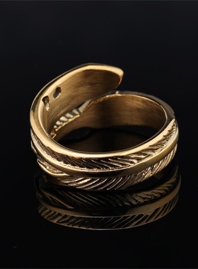 阿里欧美不掉色蓝松石羽毛造型金色钛钢戒指指环