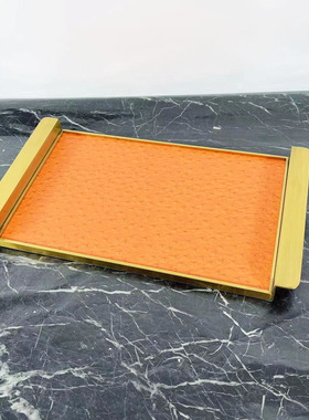 现代简约不锈钢长方形皮革托盘艺术软装饰品样板房间售楼处摆件