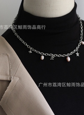 XL161 蜜蜂淡水珍珠链条颈链choker短链条街头欧美辣妹 钛钢镀金