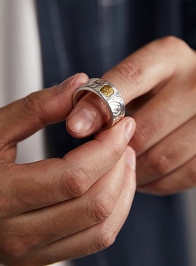 手工錾刻藏系扎基拉姆戒指足银贴金财神个性男款女生吉言指环