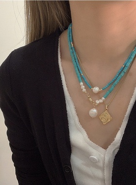 手工串珠小众设计感蓝色绿松石不规则淡水珍珠项链恶魔之眼锁骨链