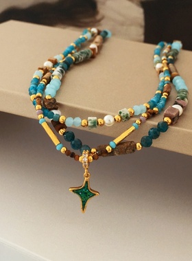 秋冬艺术风彩绘图画石项链小众复古颈链新潮高级感毛衣链2747