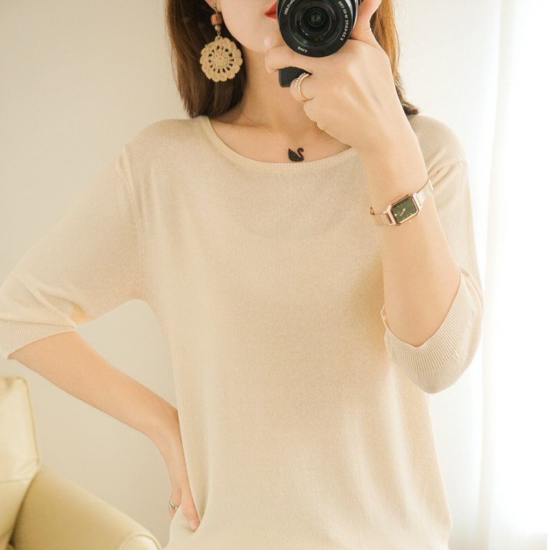 冰丝短袖圆领夏季薄纯色七分袖t恤 宛汀T恤