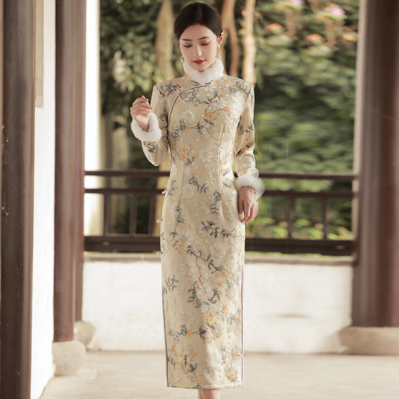 2021年冬季长袖优雅老上海长款旗袍 红舍旗袍