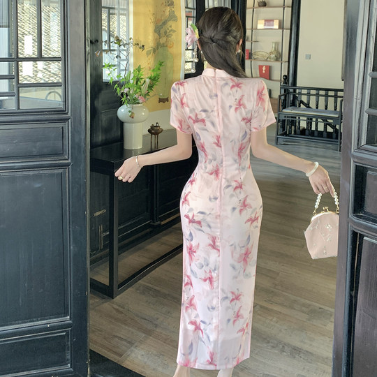 Ежедневно улучшенный молодежный длинный тонкий чонсам с короткими рукавами