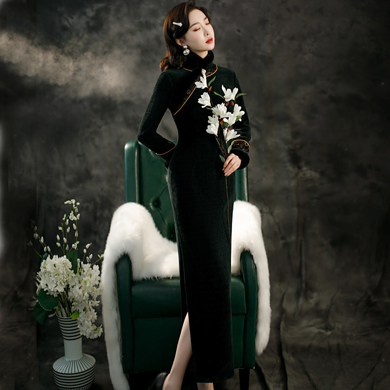 老上海长款旗袍2021年秋冬季连衣裙 红舍旗袍