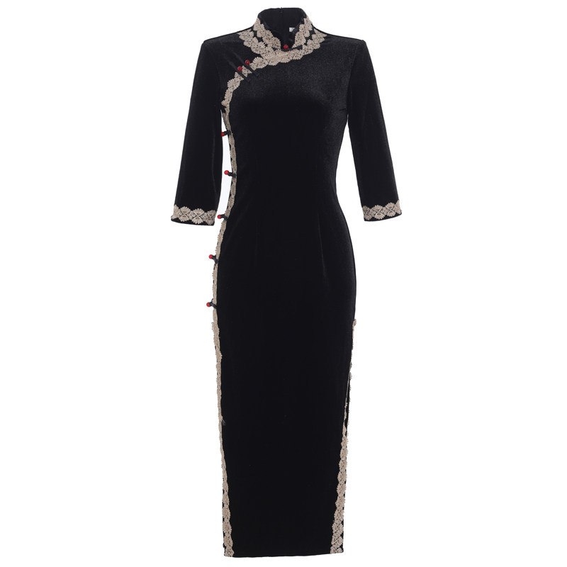 黑色老上海金丝绒旗袍2021年连衣裙 红舍旗袍