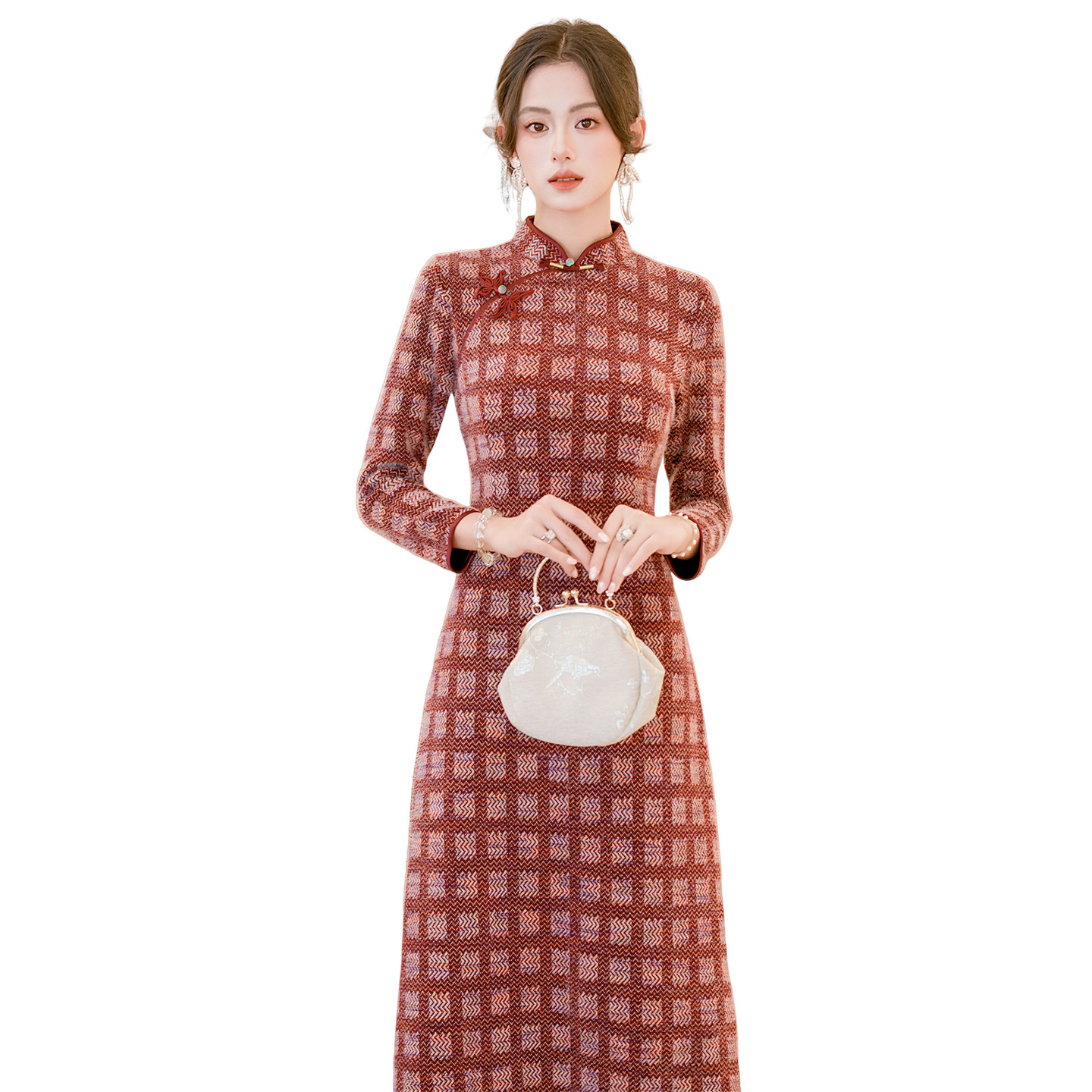 红色格子复古国风长袖加厚冬款旗袍2025新款高级感妈妈装日常可穿,淘宝优惠券,粉丝福利购,淘宝优惠卷