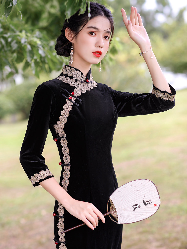 黑色老上海金丝绒旗袍2021年连衣裙 红舍旗袍