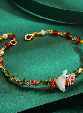 粉色水晶花朵珍珠兔子森系手链女