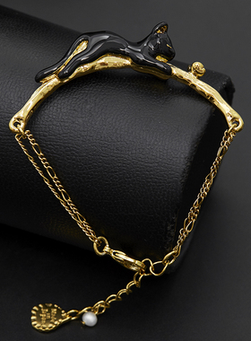 水晶珍珠黑色猫咪动物半手镯手链