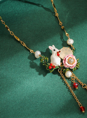 珍珠水晶流苏花朵白色兔子锁骨链
