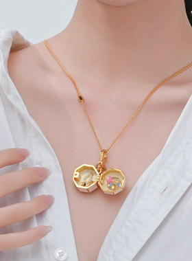 珐琅釉可打开粉色八音盒吊坠项链