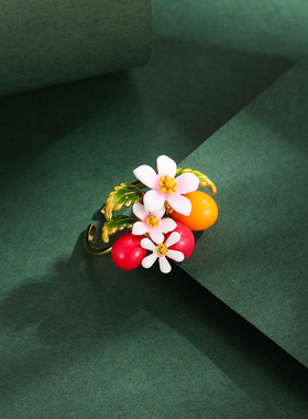 珐琅圣女果栀子花开口可调节戒指