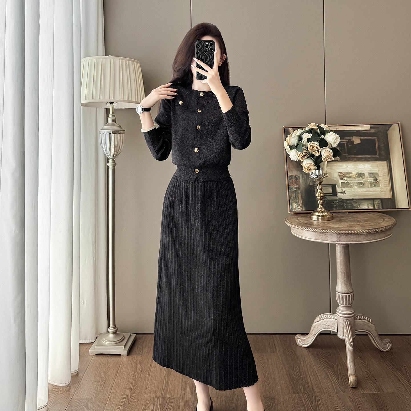 高级感黑色针织套装裙女秋冬气质通勤毛衣开衫半身裙超显瘦两件套,淘宝优惠券,粉丝福利购,淘宝优惠卷