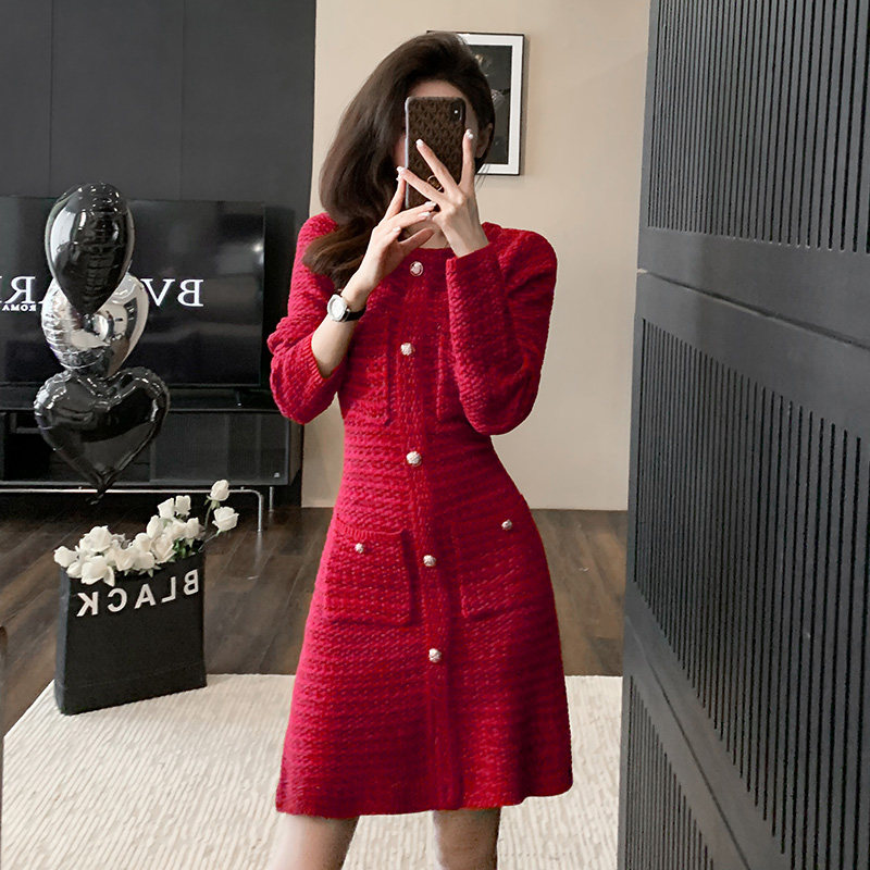 高级感红色小香风针织连衣裙女秋季新款本命年订婚回门礼服小红裙,淘宝优惠券,粉丝福利购,淘宝优惠卷