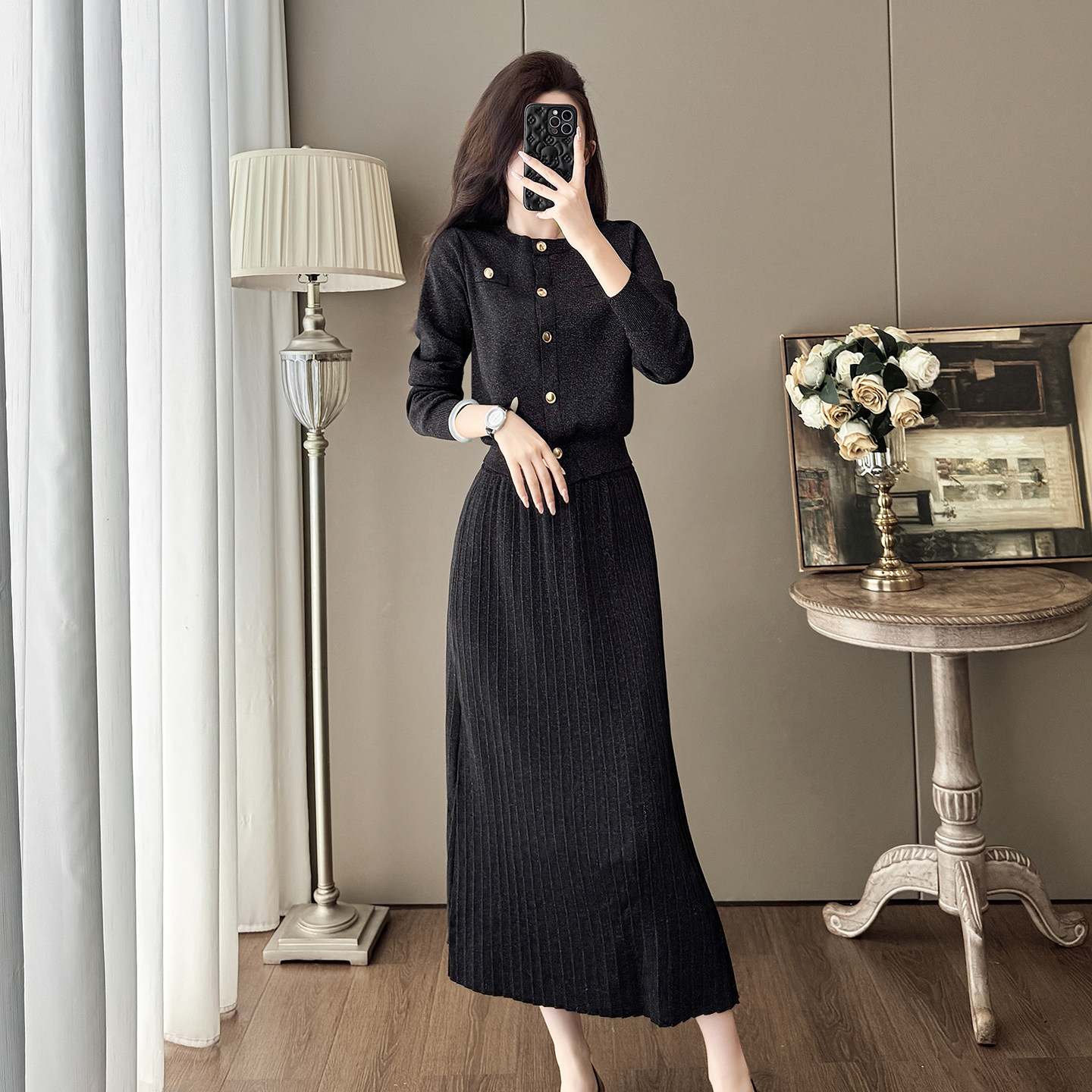 高级感黑色针织套装裙女秋冬气质通勤毛衣开衫半身裙超显瘦两件套,淘宝优惠券,粉丝福利购,淘宝优惠卷