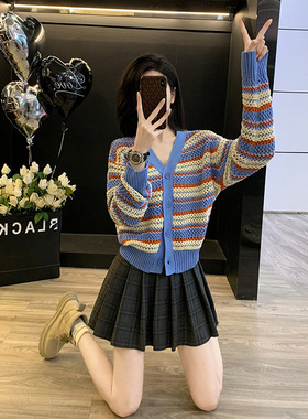 钩花镂空条纹拼接针织短外套女