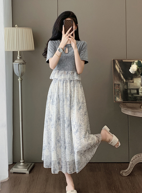 荷叶边短袖上衣碎花长裙绝美套装