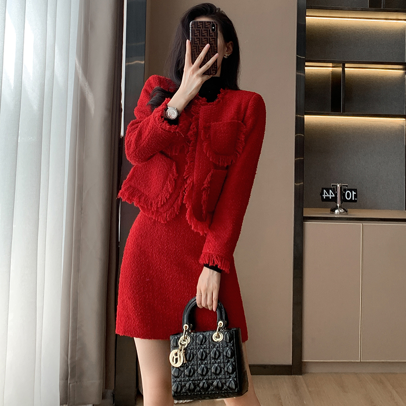 2023秋季新款气质名媛外套半身裙高级感两件套红色小香风套装裙女